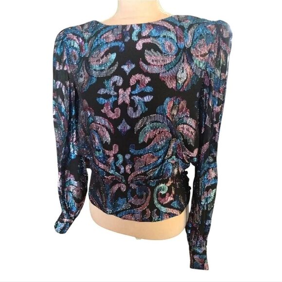 VTG 70s Black Blue Lurex Metallic Long Sleeve Panelled Hem Disco Blouse Medium - Picture 6 of 16